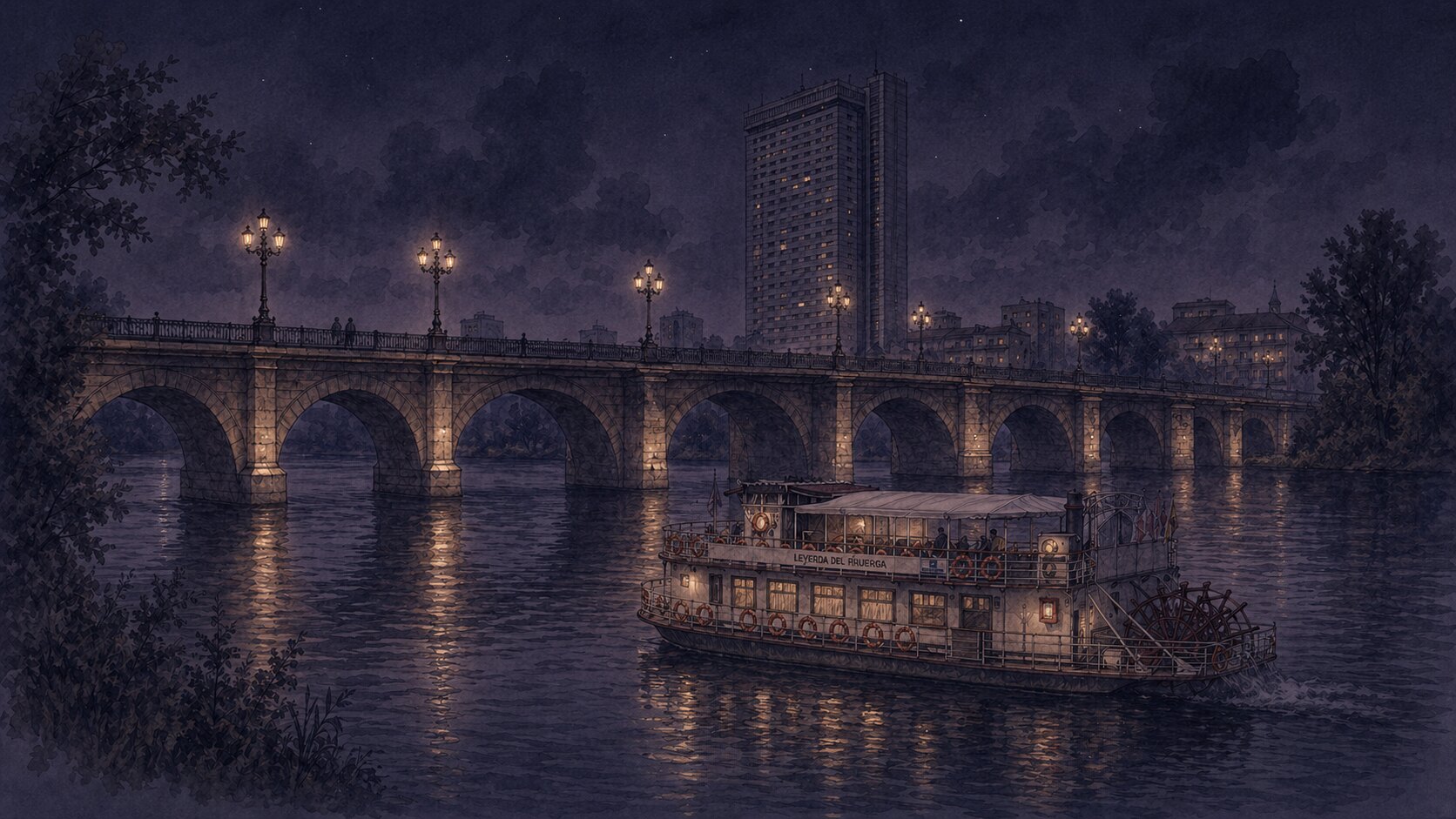 Ilustración de Valladolid con el Puente Mayor en modo oscuro