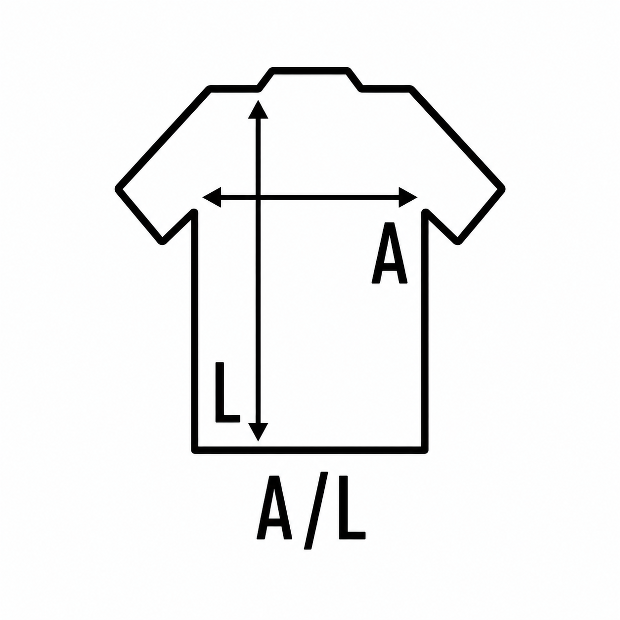 Esquema de medidas: A es el ancho de la camiseta y L es el largo.